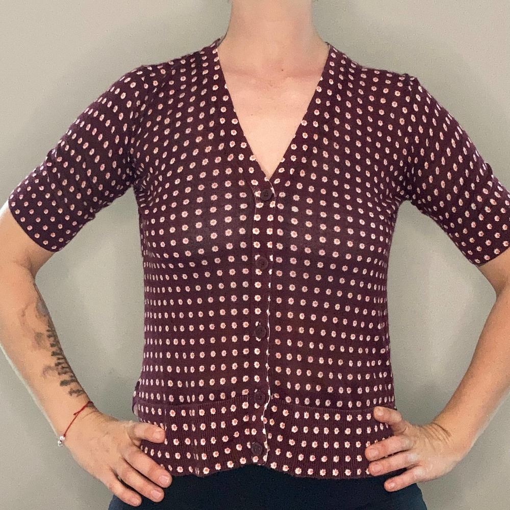 y2k-style sheer short sleeve knit button up